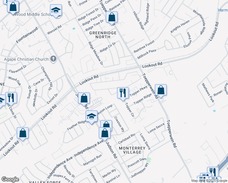 map of restaurants, bars, coffee shops, grocery stores, and more near 13715 Topper Circle in San Antonio