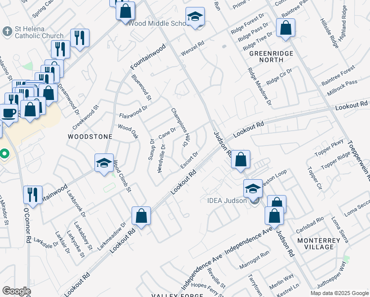 map of restaurants, bars, coffee shops, grocery stores, and more near 5426 Champions Hill Drive in San Antonio
