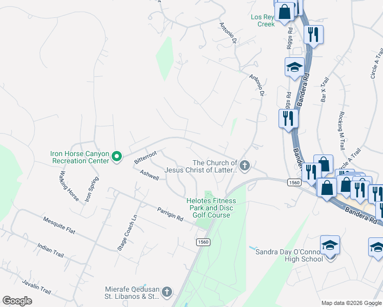 map of restaurants, bars, coffee shops, grocery stores, and more near 13070 Wild Heart in Helotes