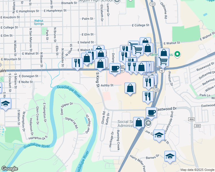 map of restaurants, bars, coffee shops, grocery stores, and more near 1133 Ashby Street in Seguin
