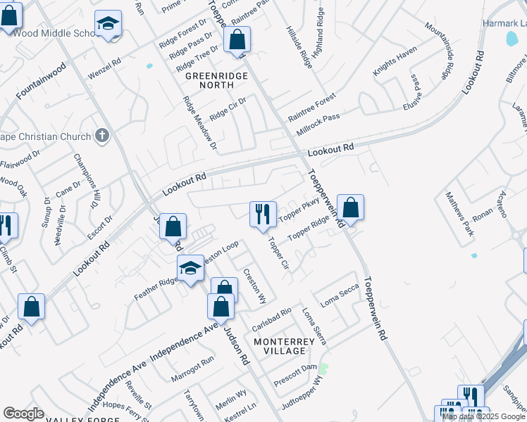 map of restaurants, bars, coffee shops, grocery stores, and more near 6607 Topper Parkway in San Antonio