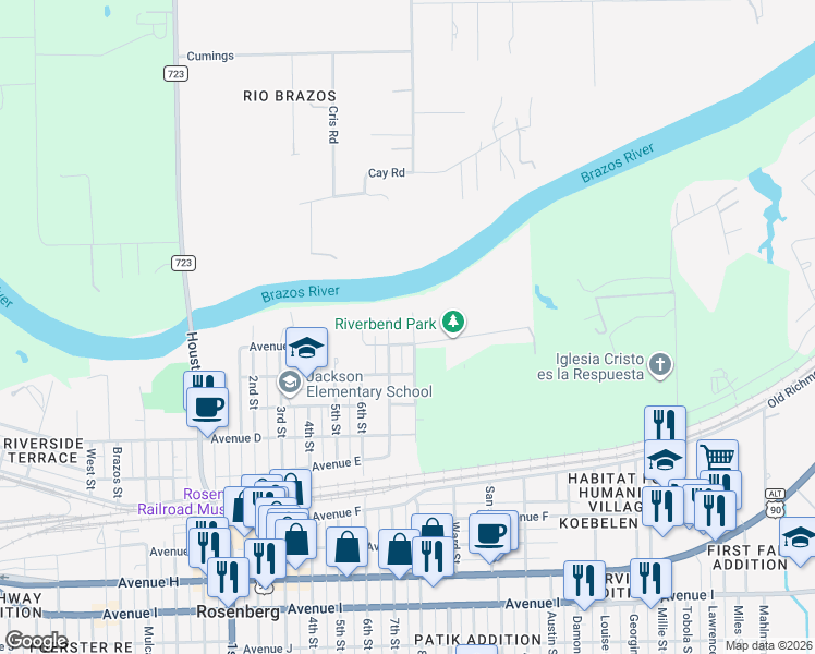 map of restaurants, bars, coffee shops, grocery stores, and more near 2419 Avenue A in Rosenberg
