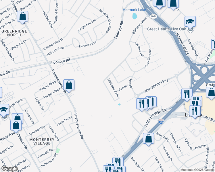 map of restaurants, bars, coffee shops, grocery stores, and more near 13518 Ashmont Terrace in San Antonio