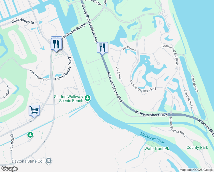 map of restaurants, bars, coffee shops, grocery stores, and more near 4392 North Oceanshore Boulevard in Palm Coast