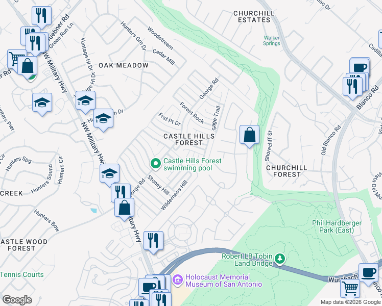 map of restaurants, bars, coffee shops, grocery stores, and more near 2270 Regency Point in San Antonio