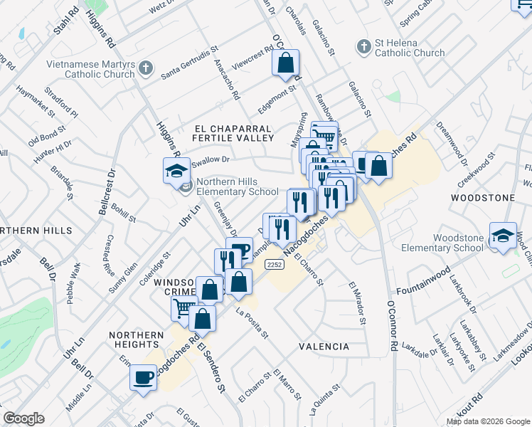 map of restaurants, bars, coffee shops, grocery stores, and more near 4926 Grey Hawk Street in San Antonio