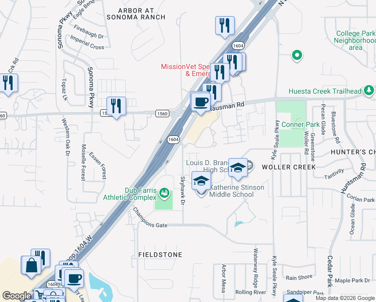 map of restaurants, bars, coffee shops, grocery stores, and more near 13289-13369 Skyhawk Dr in San Antonio