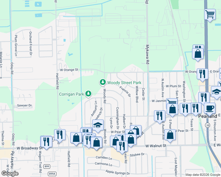 map of restaurants, bars, coffee shops, grocery stores, and more near 5106 Halbert Drive in Pearland