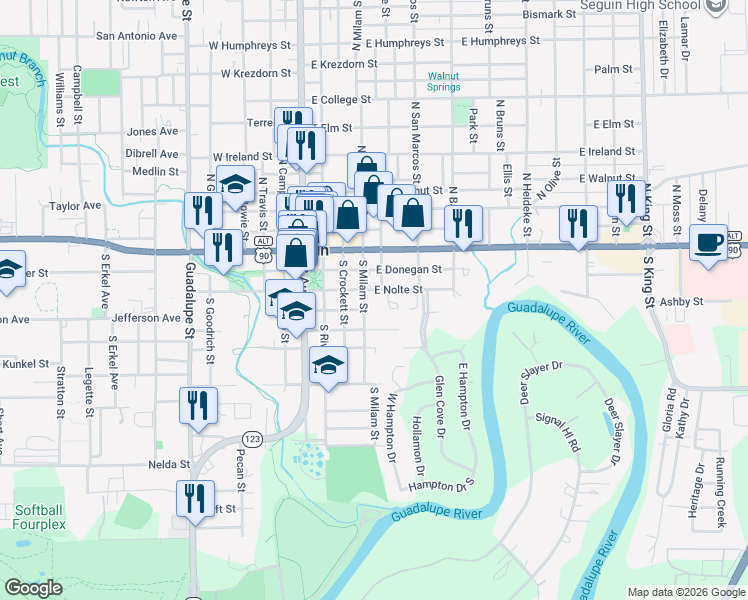 map of restaurants, bars, coffee shops, grocery stores, and more near 411 South Milam Street in Seguin