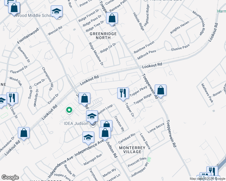 map of restaurants, bars, coffee shops, grocery stores, and more near 13715 Topper Circle in San Antonio
