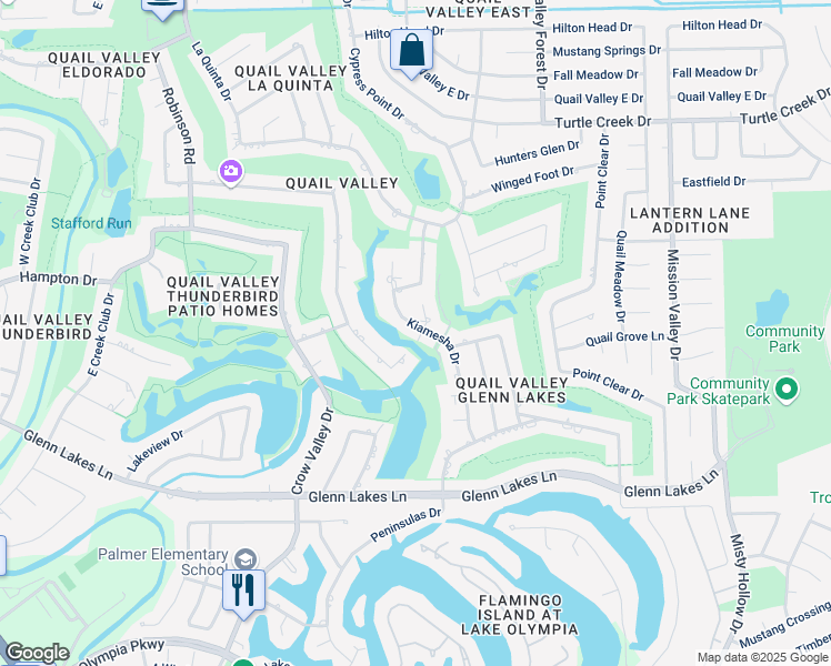 map of restaurants, bars, coffee shops, grocery stores, and more near 3647 Robinson Road in Missouri City