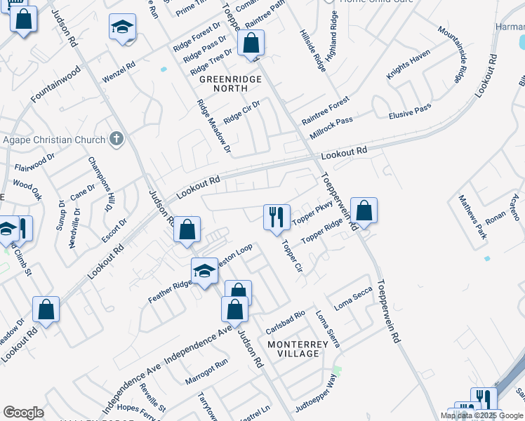 map of restaurants, bars, coffee shops, grocery stores, and more near 13715 Topper Circle in San Antonio