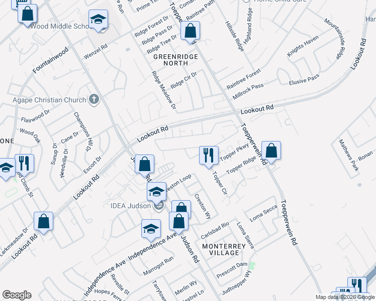 map of restaurants, bars, coffee shops, grocery stores, and more near 146 Creston Loop in San Antonio