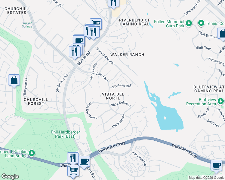 map of restaurants, bars, coffee shops, grocery stores, and more near 1235 Vista Del Rio in San Antonio