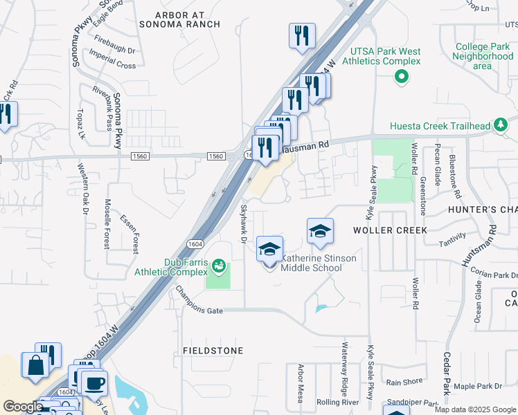map of restaurants, bars, coffee shops, grocery stores, and more near 8405 Flanagan Street in San Antonio
