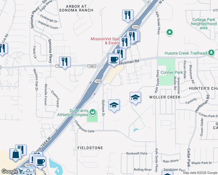 map of restaurants, bars, coffee shops, grocery stores, and more near 8405 Flanagan Street in San Antonio