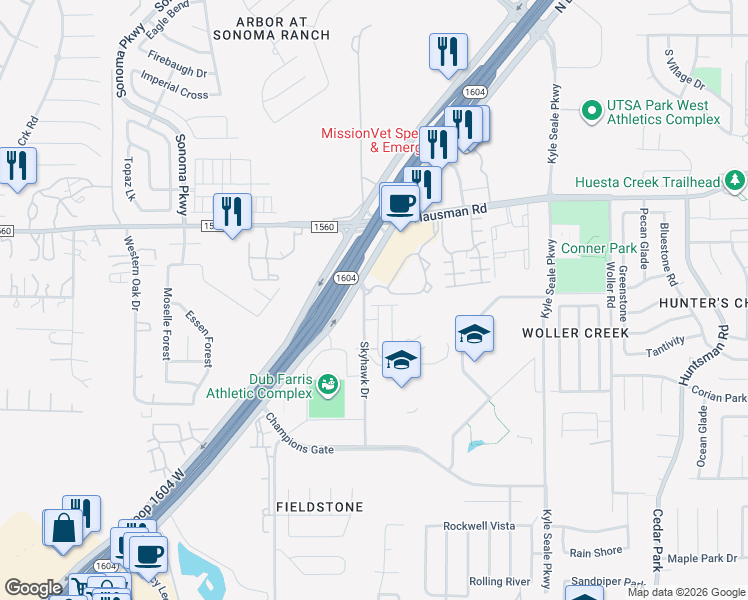 map of restaurants, bars, coffee shops, grocery stores, and more near 13289-13369 Skyhawk Dr in San Antonio