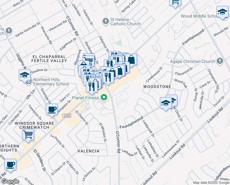 map of restaurants, bars, coffee shops, grocery stores, and more near 13842 O'Connor Road in San Antonio