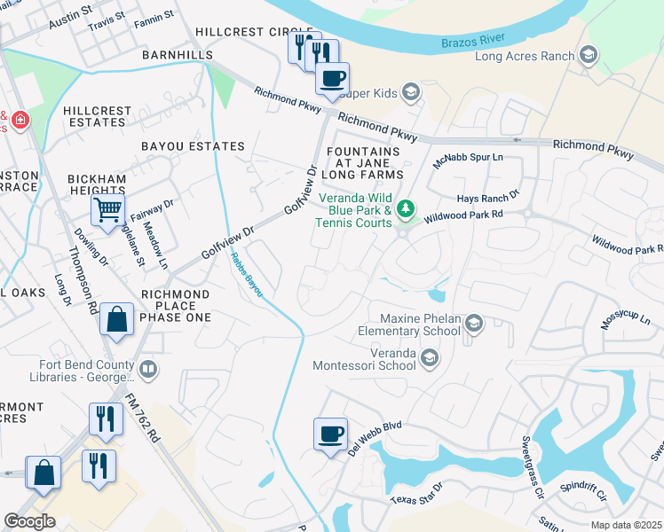 map of restaurants, bars, coffee shops, grocery stores, and more near 24007 Barnett Overlook in Richmond