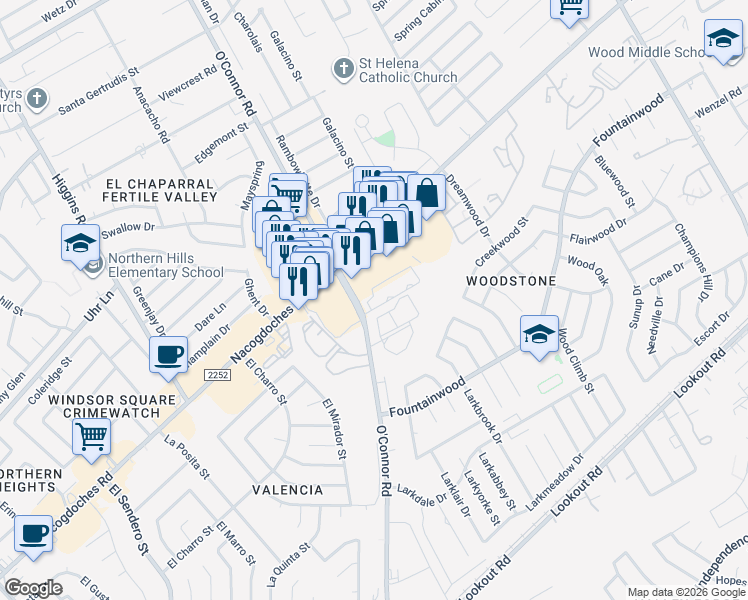 map of restaurants, bars, coffee shops, grocery stores, and more near 13842 O'Connor Road in San Antonio