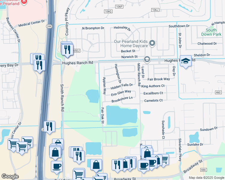 map of restaurants, bars, coffee shops, grocery stores, and more near 10114 Hidden Falls Drive in Pearland