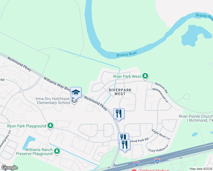 map of restaurants, bars, coffee shops, grocery stores, and more near 22115 Canyonwood Park Lane in Richmond