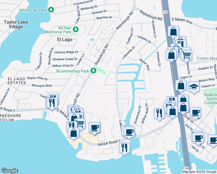 map of restaurants, bars, coffee shops, grocery stores, and more near 2632 Sawyer Drive in Seabrook