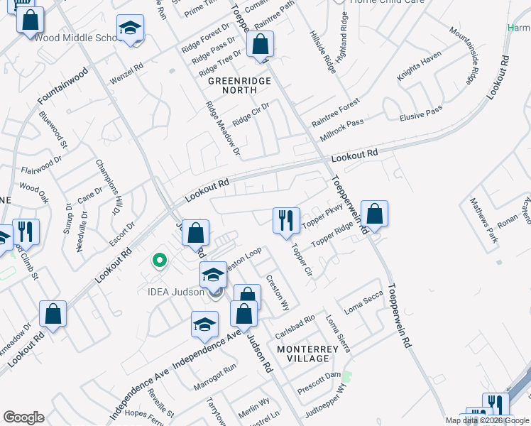 map of restaurants, bars, coffee shops, grocery stores, and more near 13715 Topper Circle in San Antonio