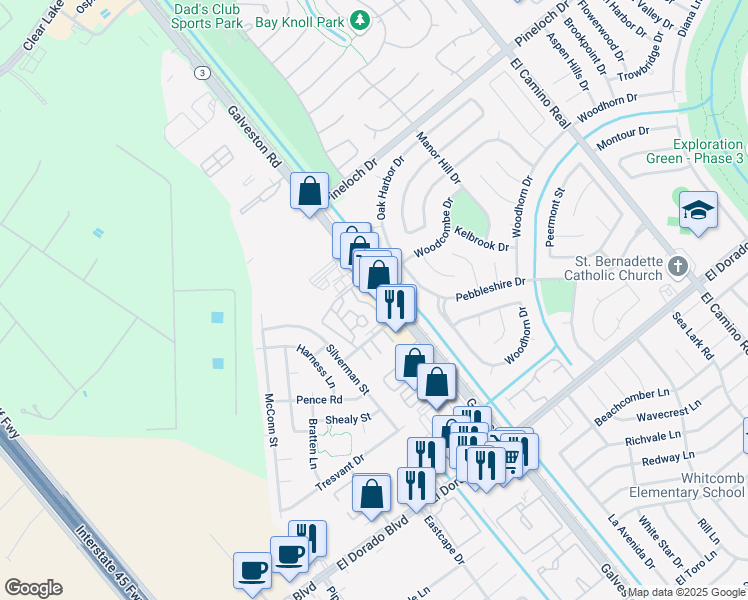 map of restaurants, bars, coffee shops, grocery stores, and more near 615 Barringer Lane in Webster