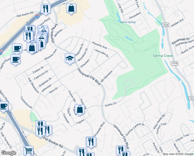 map of restaurants, bars, coffee shops, grocery stores, and more near 13423 Demeter in Universal City