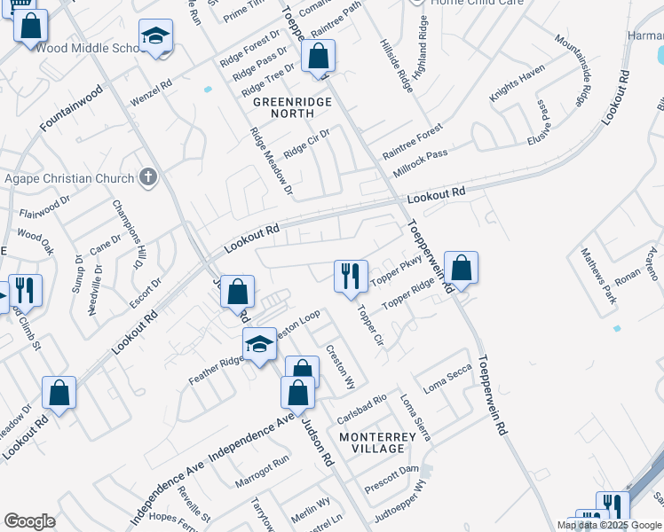 map of restaurants, bars, coffee shops, grocery stores, and more near 13715 Topper Circle in San Antonio
