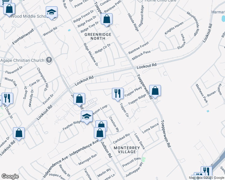 map of restaurants, bars, coffee shops, grocery stores, and more near 13715 Topper Circle in San Antonio