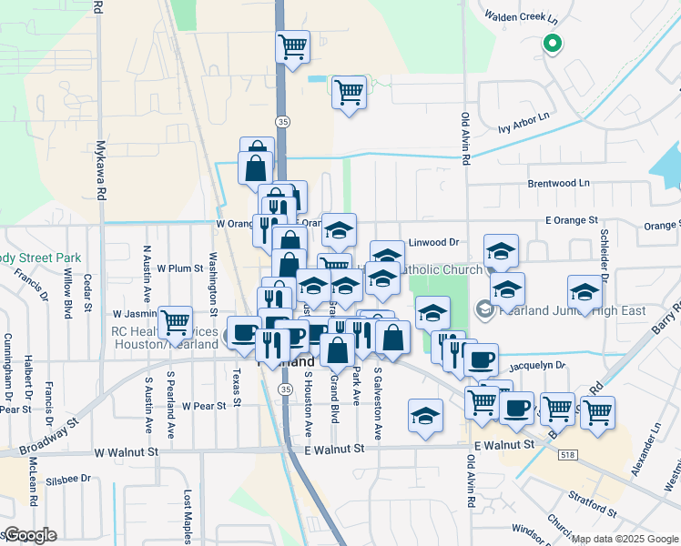 map of restaurants, bars, coffee shops, grocery stores, and more near 2218 Park Avenue in Pearland