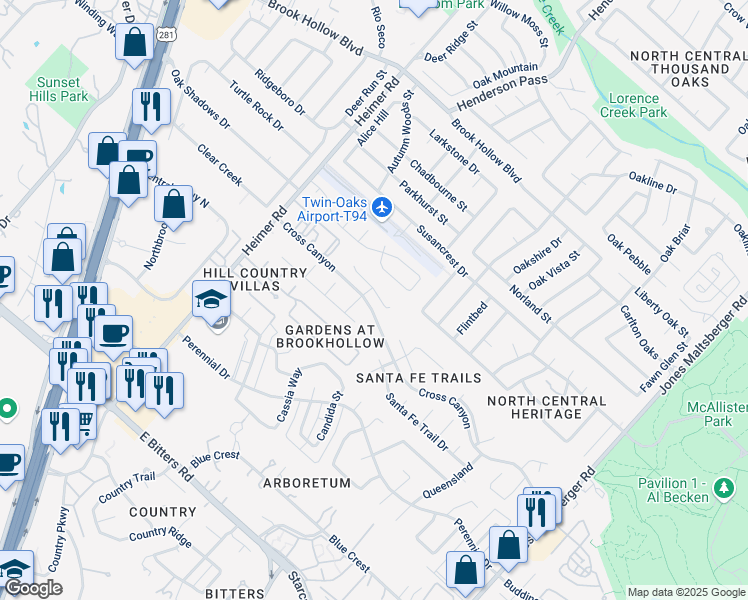 map of restaurants, bars, coffee shops, grocery stores, and more near 1422 Adobe Run in San Antonio