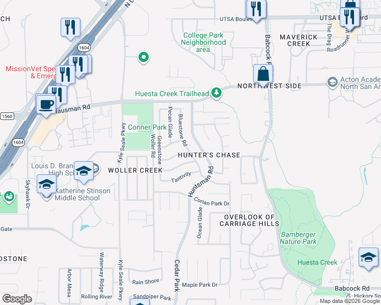 map of restaurants, bars, coffee shops, grocery stores, and more near 7511 Beaver Tree in San Antonio