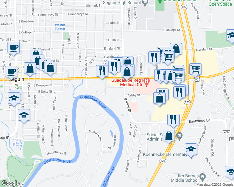 map of restaurants, bars, coffee shops, grocery stores, and more near 210 South King Street in Seguin