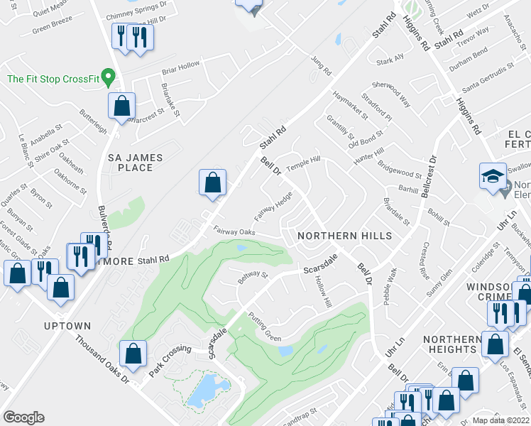 map of restaurants, bars, coffee shops, grocery stores, and more near 13734 Fairway Hedge in San Antonio