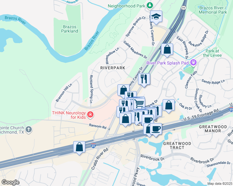 map of restaurants, bars, coffee shops, grocery stores, and more near 17500 West Grand Parkway South in Sugar Land