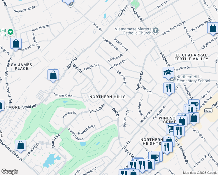 map of restaurants, bars, coffee shops, grocery stores, and more near 4402 Bermuda Hill in San Antonio
