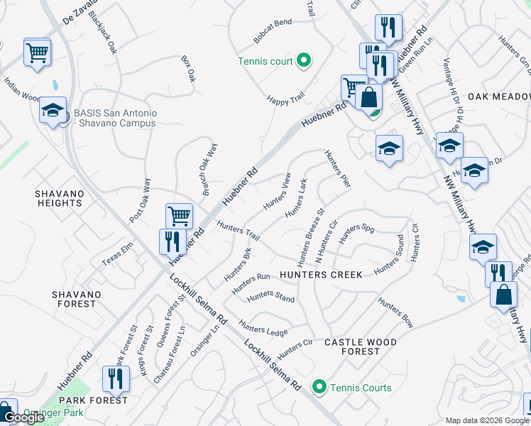 map of restaurants, bars, coffee shops, grocery stores, and more near 13243 Hunters View in San Antonio