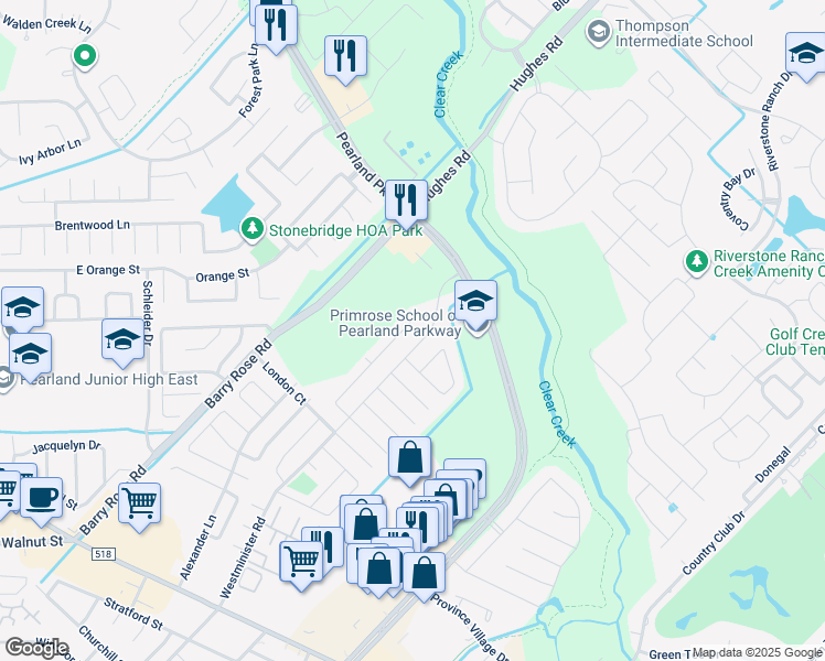 map of restaurants, bars, coffee shops, grocery stores, and more near 2006 Tower Bridge Road in Pearland