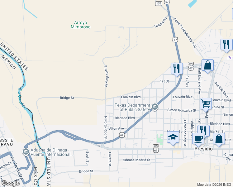 map of restaurants, bars, coffee shops, grocery stores, and more near 1201 Louvain Boulevard in Presidio