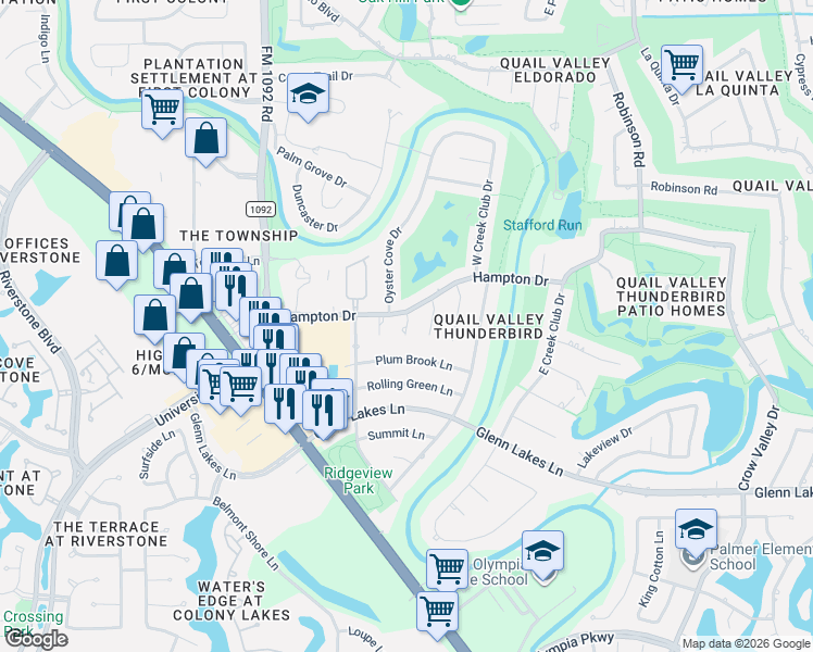 map of restaurants, bars, coffee shops, grocery stores, and more near 3519 Oyster Cove Drive in Missouri City