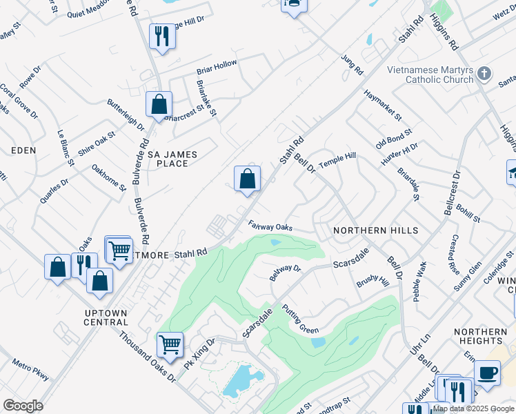 map of restaurants, bars, coffee shops, grocery stores, and more near 4135 Stahl Road in San Antonio