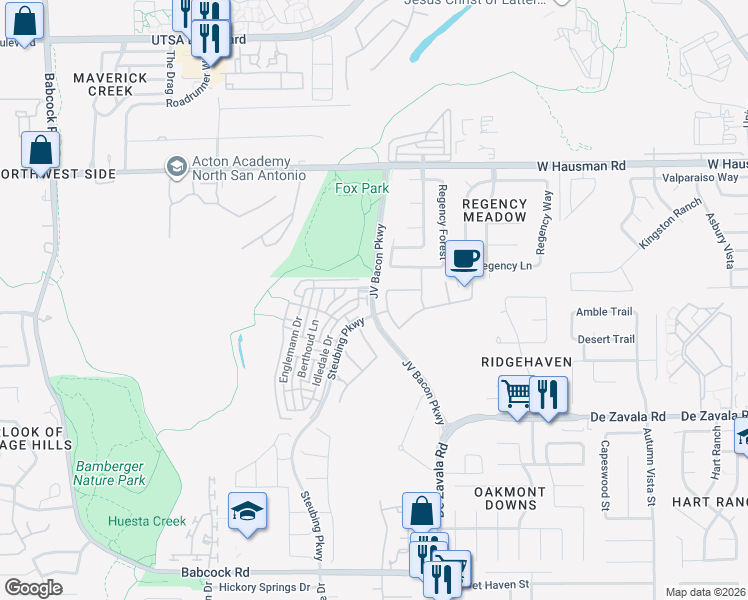 map of restaurants, bars, coffee shops, grocery stores, and more near JV Bacon Parkway in San Antonio