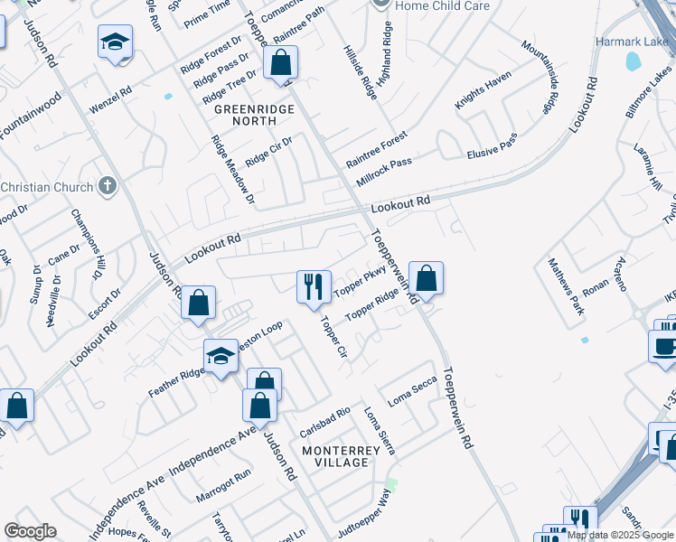 map of restaurants, bars, coffee shops, grocery stores, and more near 6519 Marcel Way in San Antonio