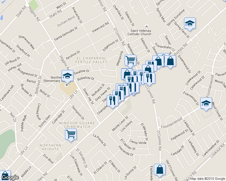 map of restaurants, bars, coffee shops, grocery stores, and more near 4974 Grey Hawk Street in San Antonio