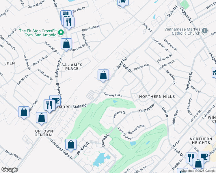 map of restaurants, bars, coffee shops, grocery stores, and more near 4135 Stahl Road in San Antonio