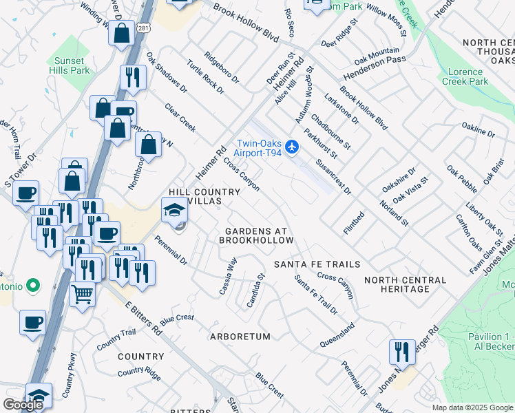 map of restaurants, bars, coffee shops, grocery stores, and more near 13515 Fairfield Farms in San Antonio