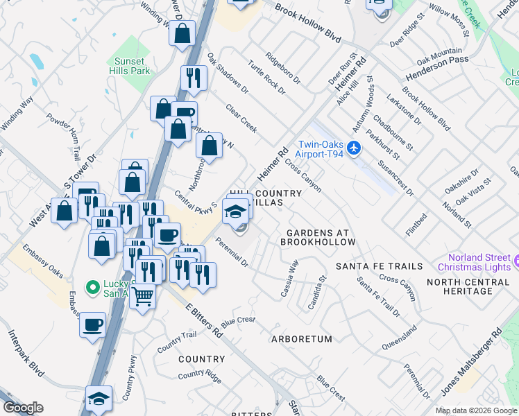 map of restaurants, bars, coffee shops, grocery stores, and more near 354 Heimer Road in San Antonio